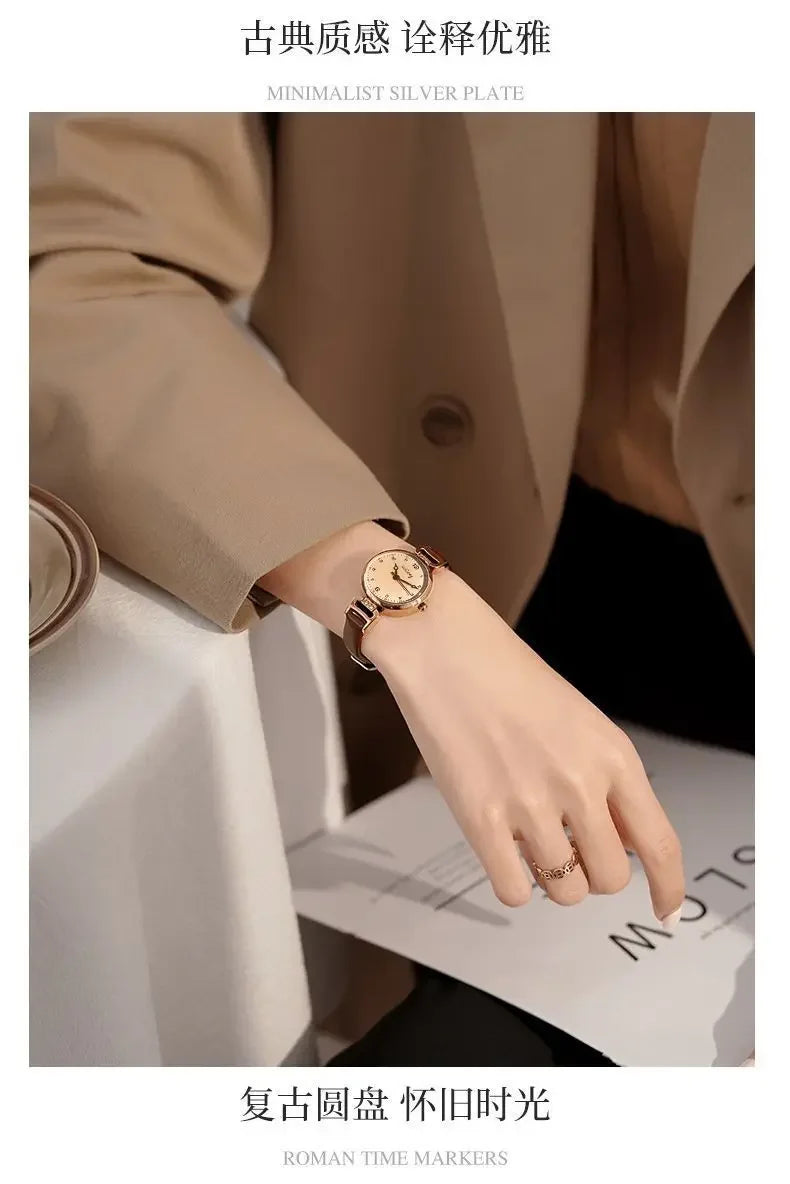 Retro High-end Round Dial Quartz Watches for Women PU Leather Strap Wristwatches Fashion Simple Temperament Girls Watch Gifts