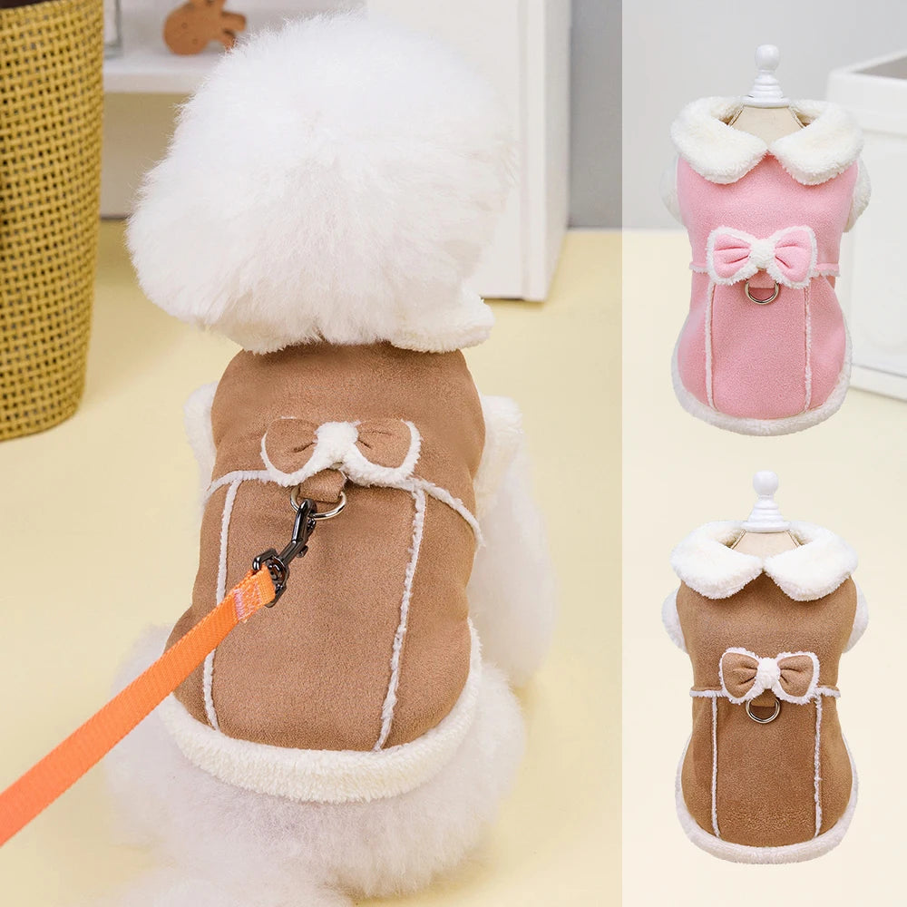 Cozy Winter Dog Jacket with Bow - Warm Plush Coat for Small Dogs