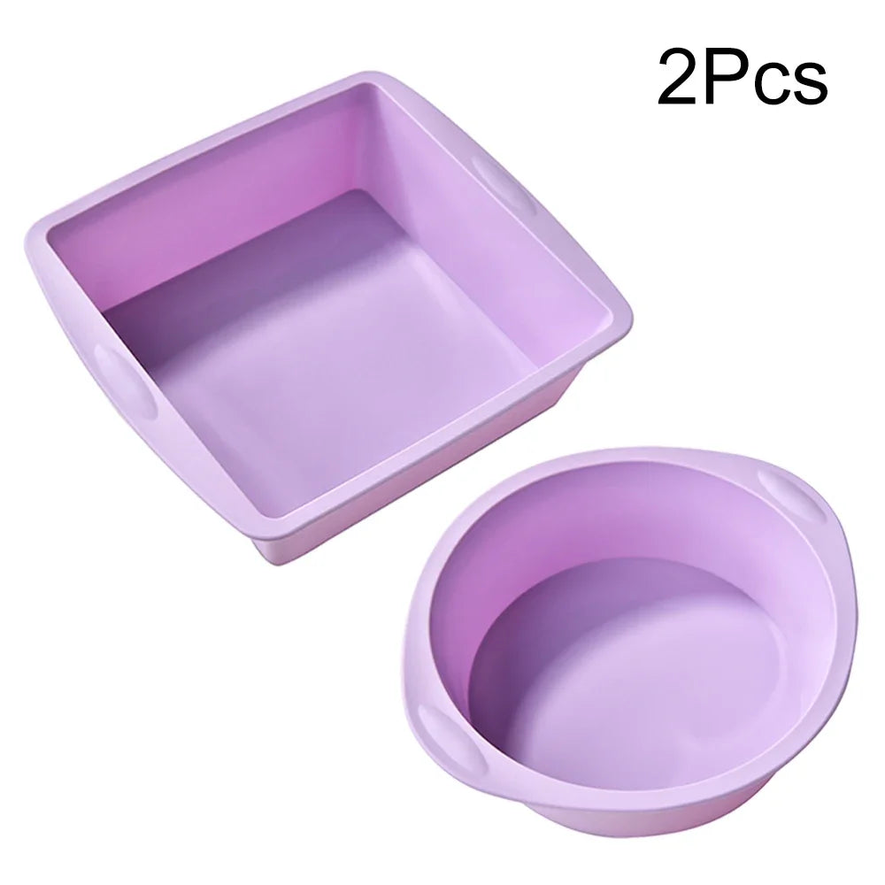 2Pcs Silicone Cake Mold Tray Pans Round Square Kitchen Silicone Nonstick Baking Pans Reusable Cake Pans Baking Tools