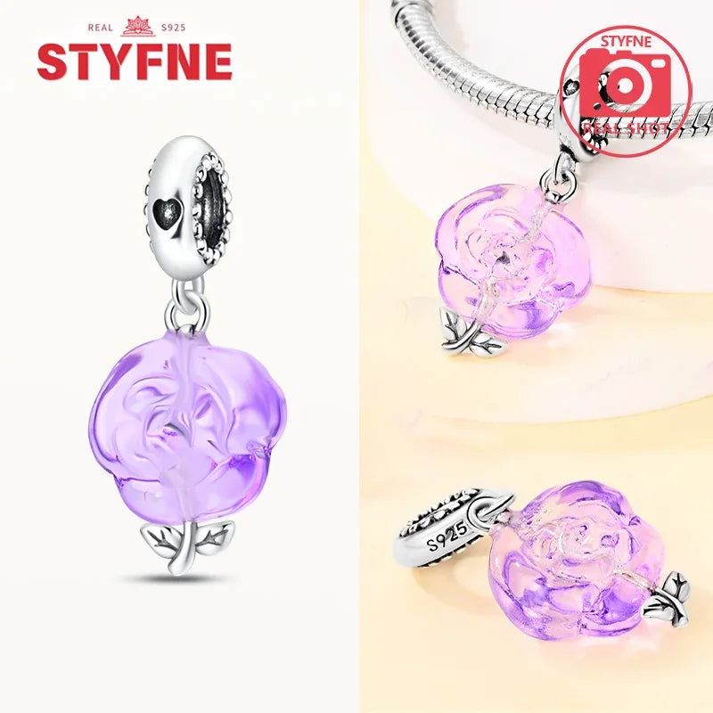 925 Silver Rose Pink Flower Shiny Zircon Charm Beads For Original Charms Original Bracelet for Women DIY fine Jewelry Gift