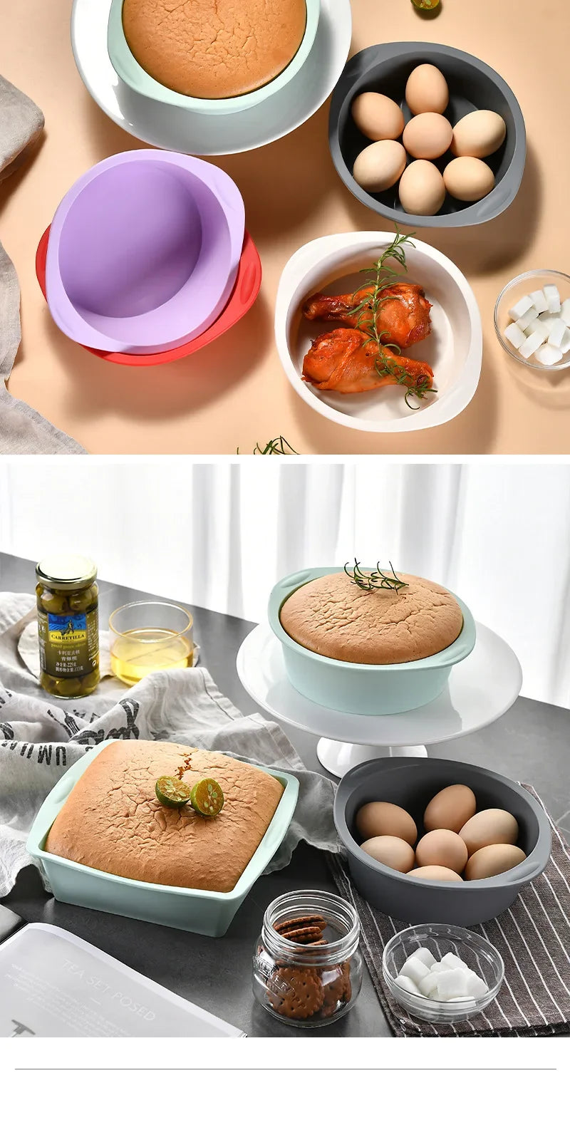 2Pcs Silicone Cake Mold Tray Pans Round Square Kitchen Silicone Nonstick Baking Pans Reusable Cake Pans Baking Tools