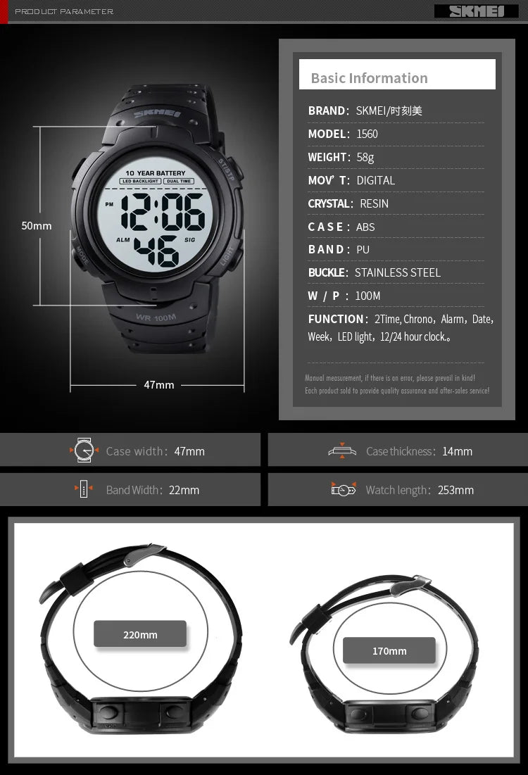 Outdoor Digital Sport Watches Mens Sport Watch 100M Waterproof Led Light Display 10 Year Battery Life Alarm Date Clock