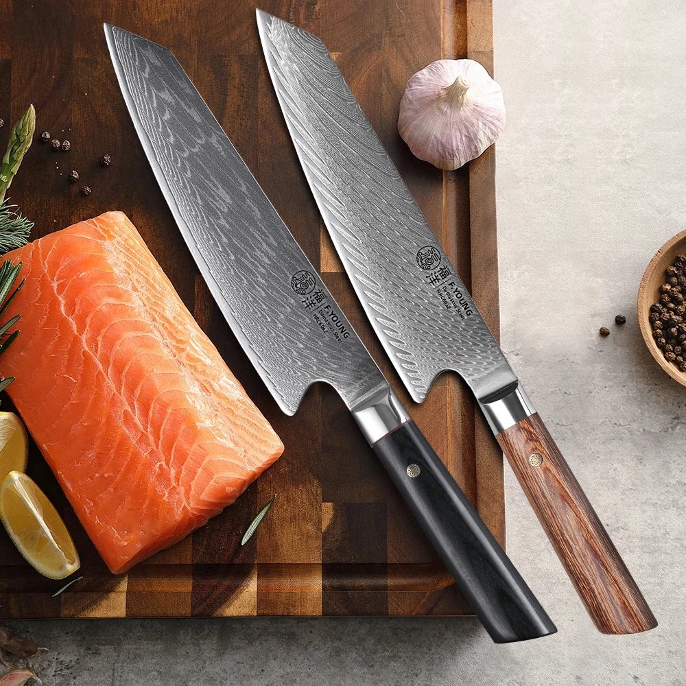 F.YOUNG 8 Inch Japanese Kiritsuke Chef Knife Hand Forged Damascus Steel Kitchen Knives Sharp Handmade Knife Slicing Cooking Tool