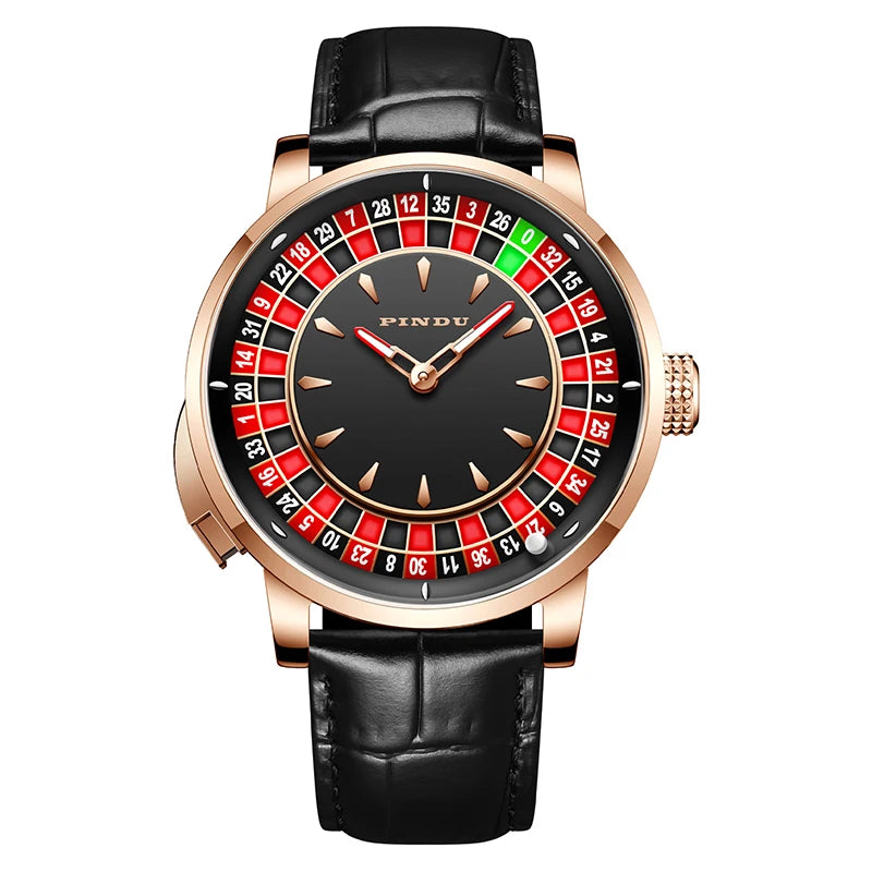 PINDU Players Gambling Series Men's Mechanical Watch European Roulette Poker Game Dial Automatic Movement Design Party Watch