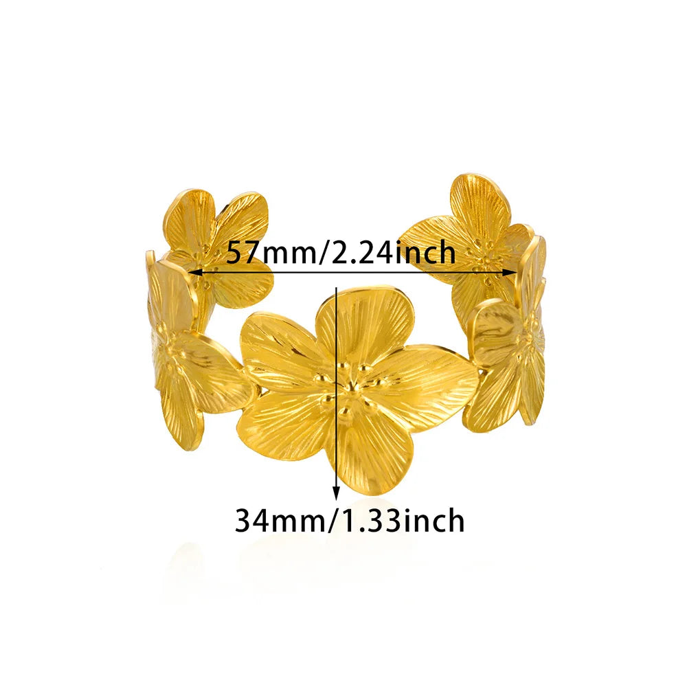 Flower Chunky Opening Bangles For Women Waterproof Stainless Steel Flowers Wide Bracelet Party Wedding Hand Jewelry Elegant Gift