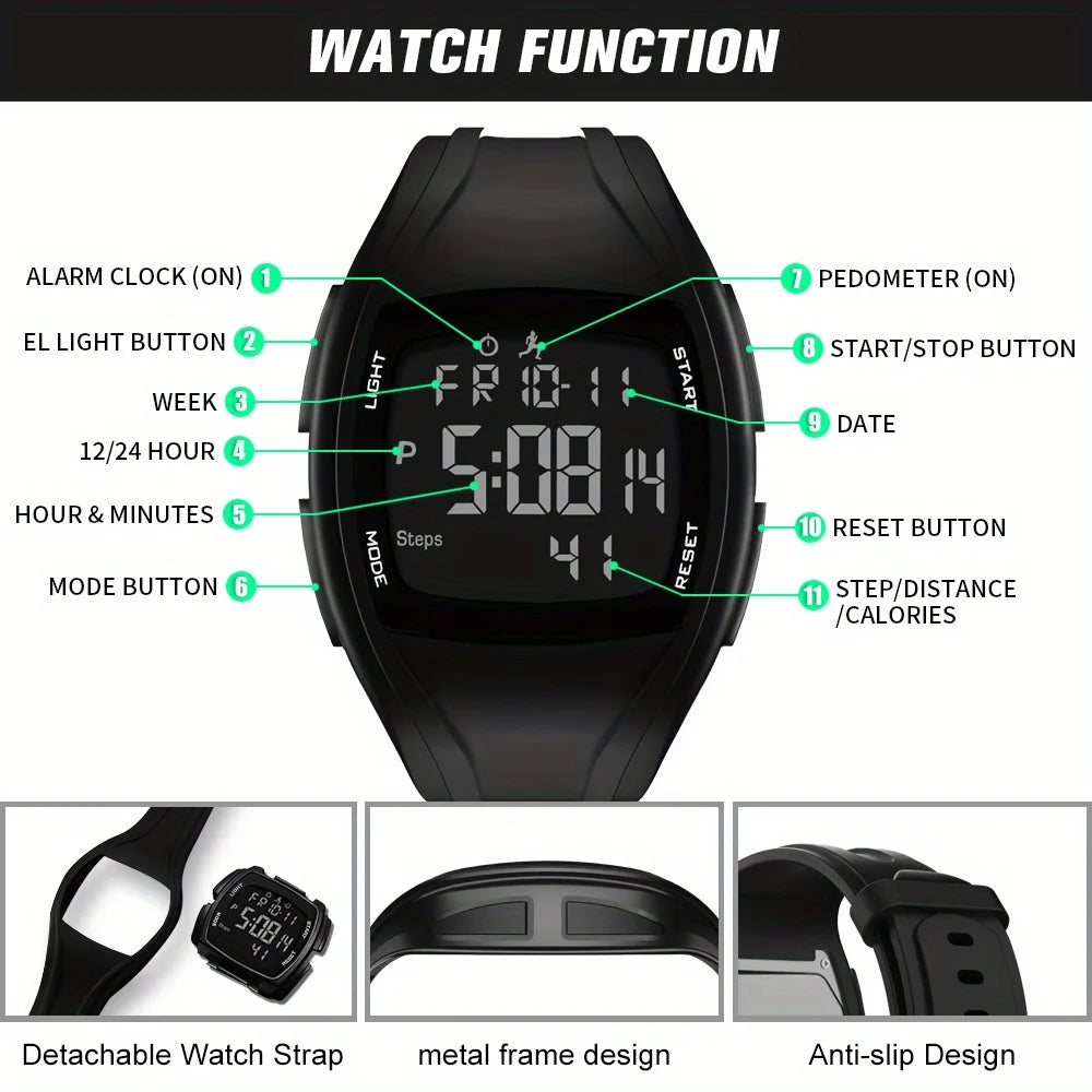 Men's Digital Watch, Outdoors Sports Waterproof Electronic Watches with LED Backlight 5D Pedometer Countdown Stopwatch Stopwatch
