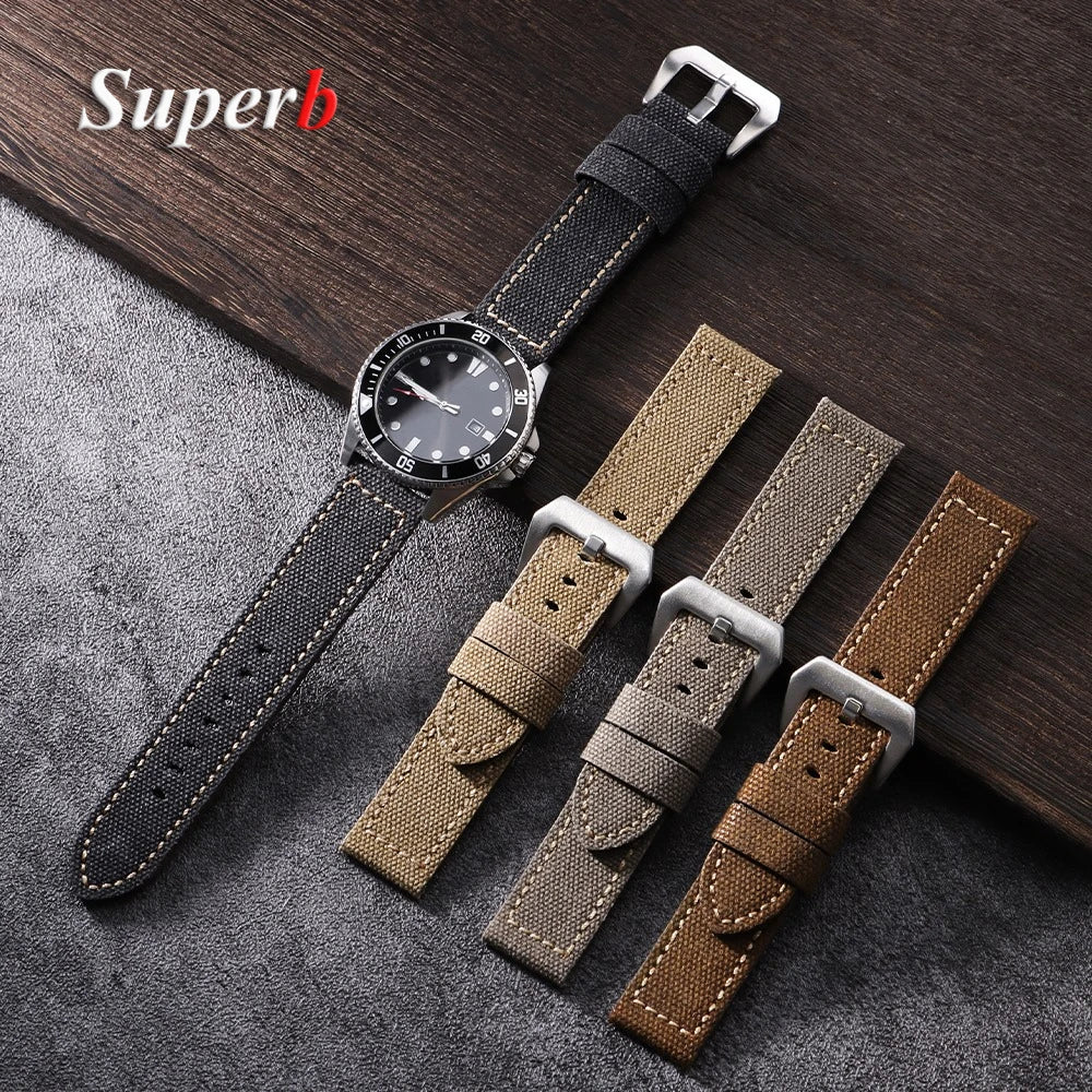 Canvas Leather Watchband for Panerai 20 22 24mm Black Brown Denim Thick Retro Strap Military Watchband Men Women Wristbelt