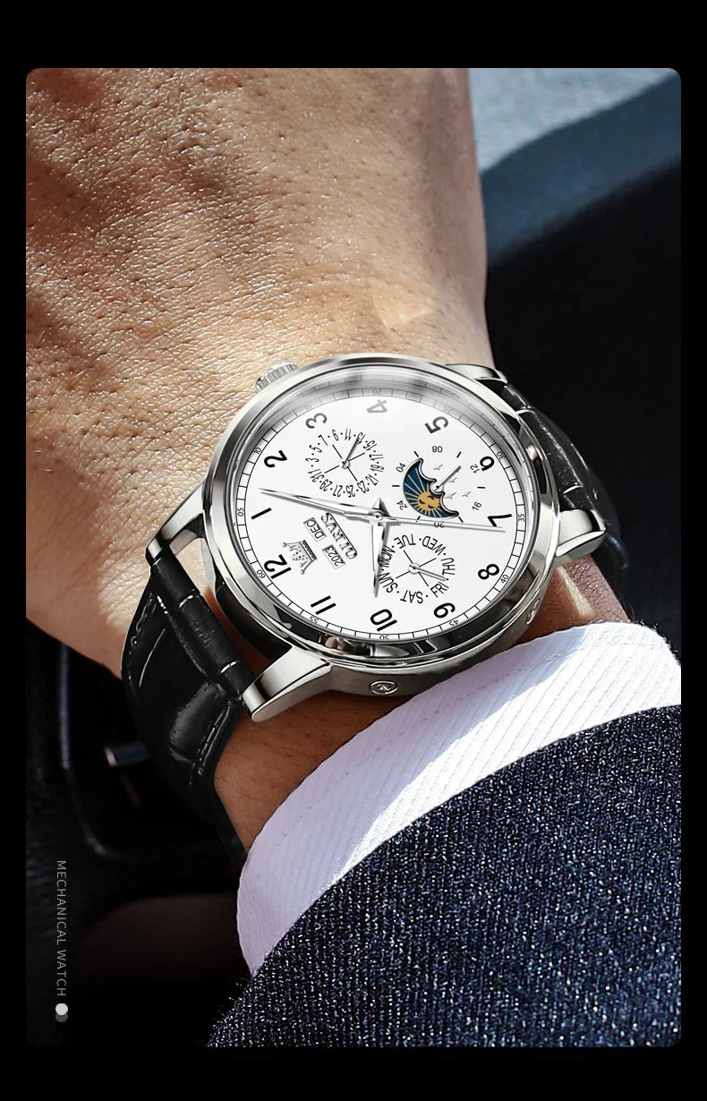 Olevs 6698 automatic watch luxury leather strap calendar waterproof luminous moon phase mechanical watch men