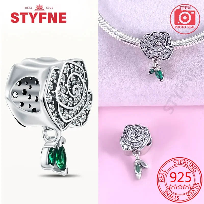 925 Silver Rose Pink Flower Shiny Zircon Charm Beads For Original Charms Original Bracelet for Women DIY fine Jewelry Gift