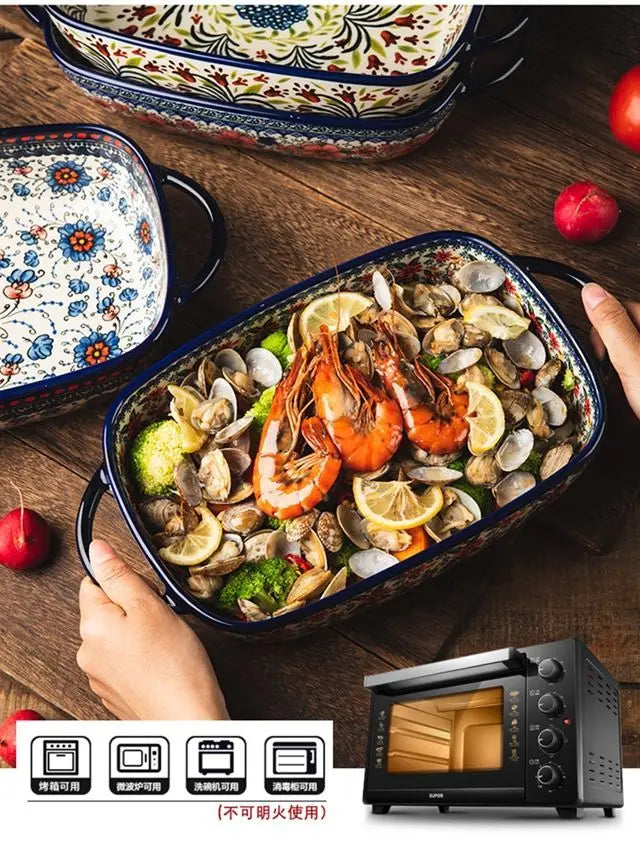 Polish style ceramic baking tray tableware oven microwave oven large bowl salad fruit cake rectangular plate party decoration