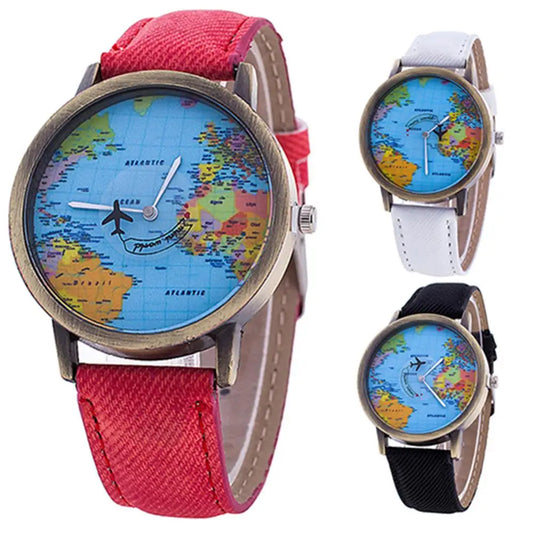 Three world map watches with different colored straps on a white background