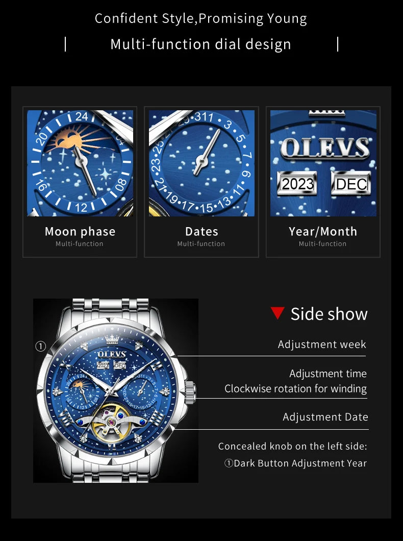 OLEVS 6689 Automatic Watch for Men Starry Sky Tourbillon Design Moon Phase Date Stainless steel Luminous Waterproof Wristwatch