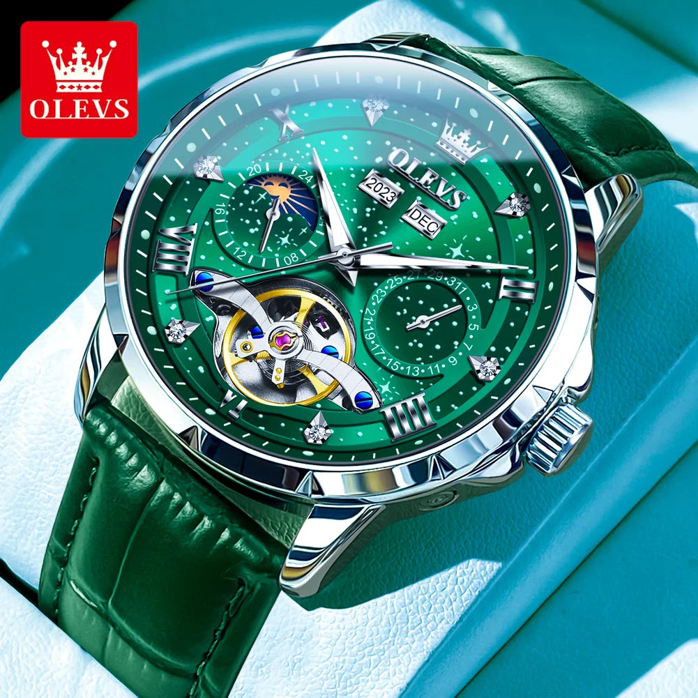 OLEVS 6689 Automatic Watch for Men Starry Sky Tourbillon Design Moon Phase Date Stainless steel Luminous Waterproof Wristwatch