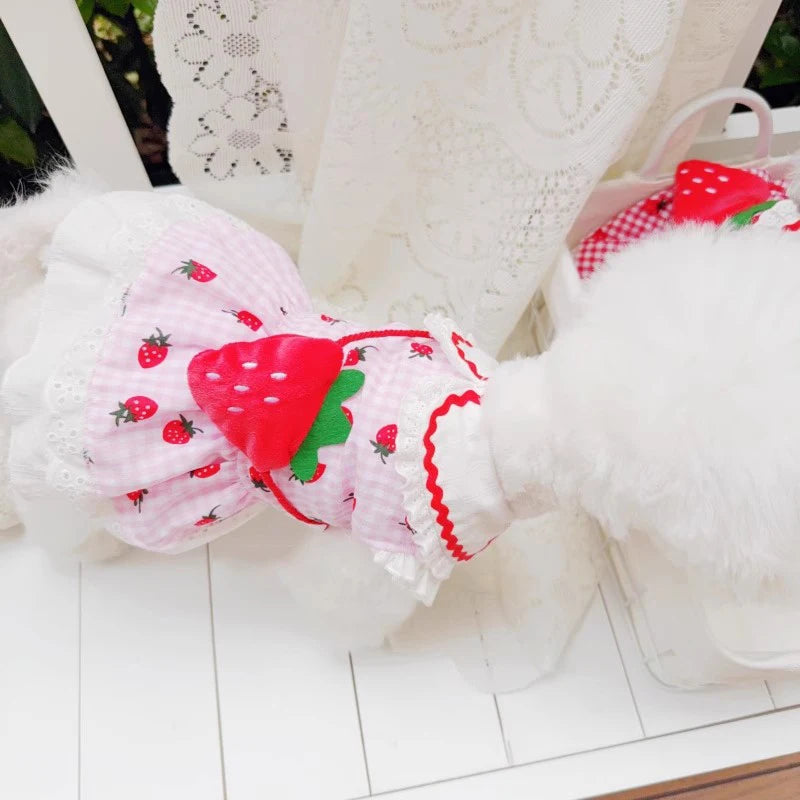Strawberry Plaid Dog Dress for Small Breeds - Summer Puppy Apparel