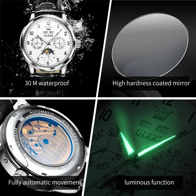 Olevs 6698 automatic watch luxury leather strap calendar waterproof luminous moon phase mechanical watch men