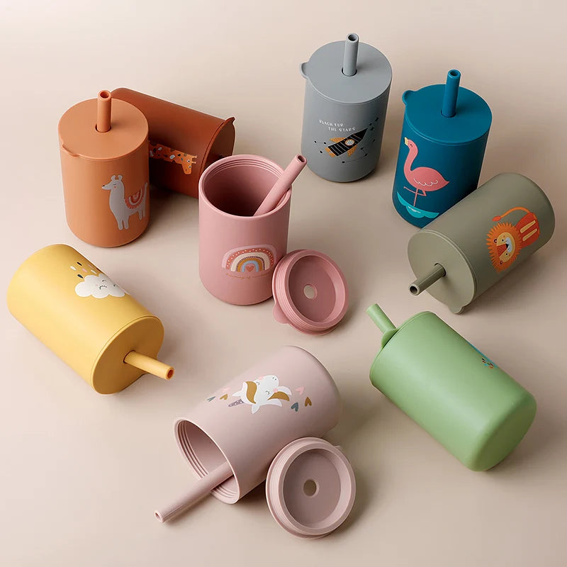 Baby Feeding Drinkware Straw Cup, Baby Learning Feeding Bottles, Anti-Hot Leakproof Silicone Tableware, Toddler Water Bottle