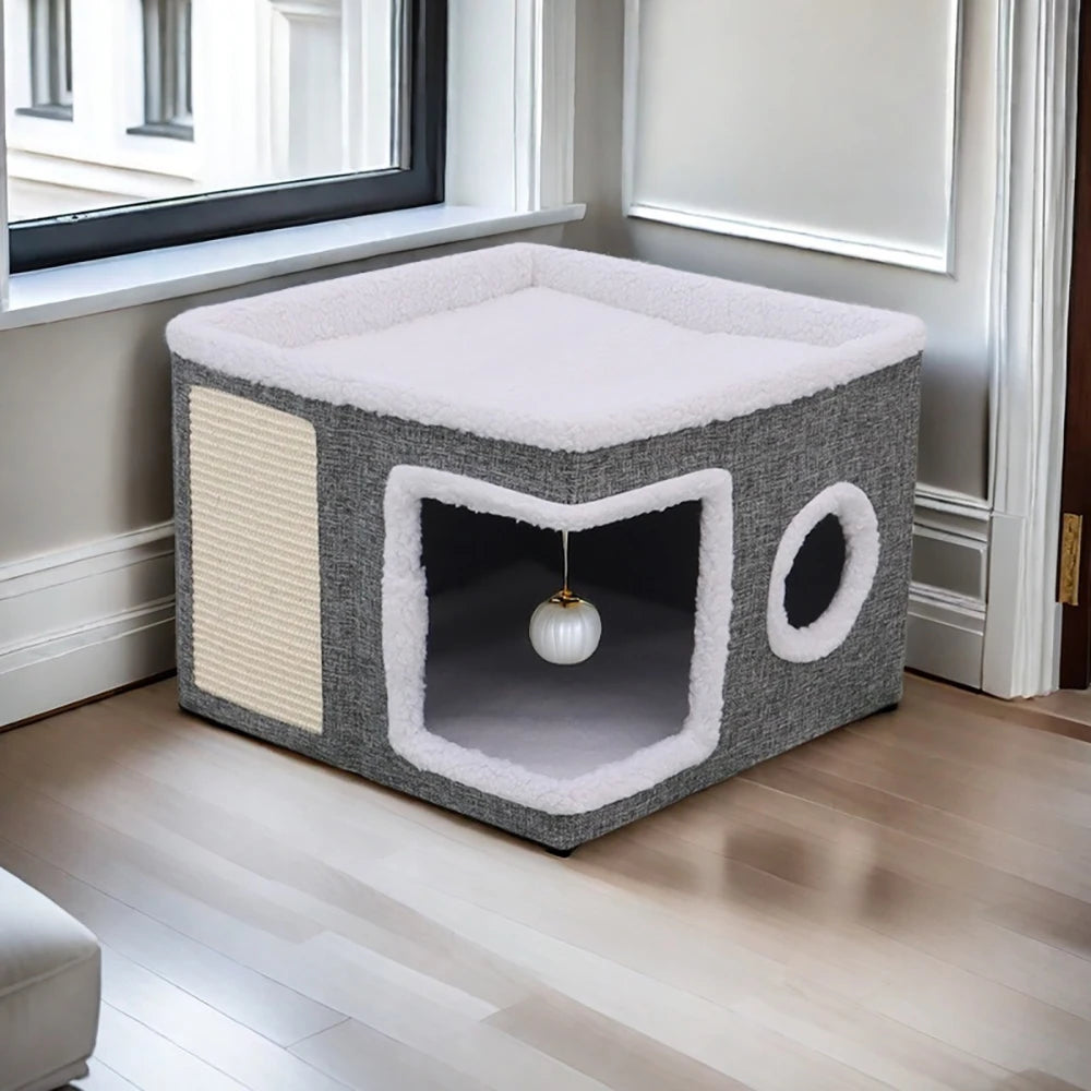 Multi-Level Cat Activity Center - Foldable Scratching Post & Warm Bed