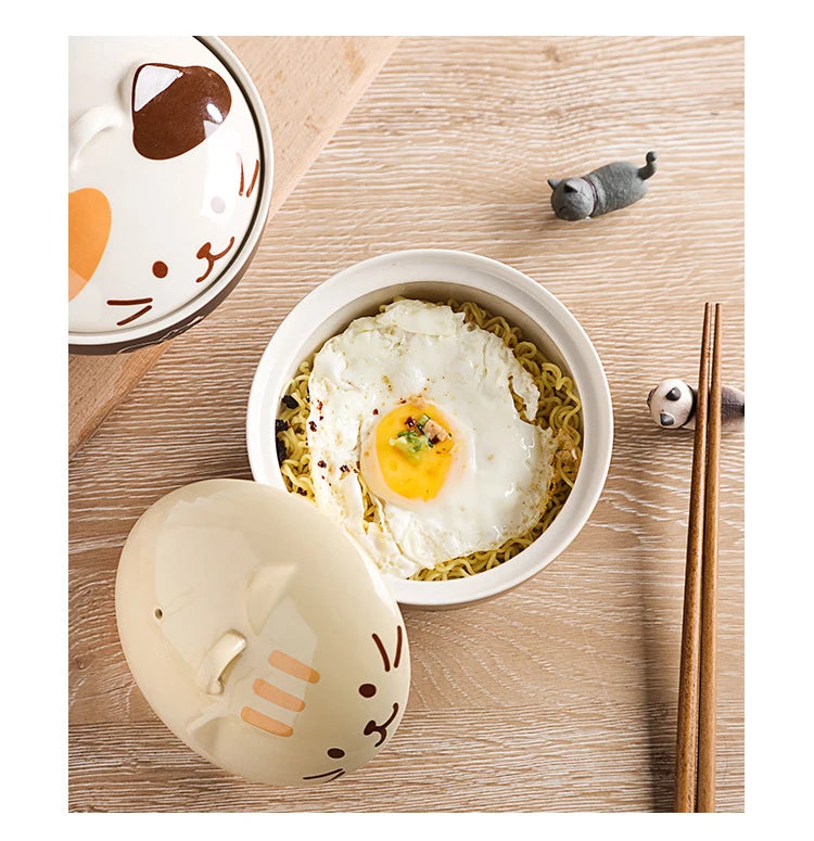 Japanese Creative Ceramic Soup Bowl Cute Cartoon Animals with Lid Cat Bowl Household Instant Noodles Bowl Rice Bowl Tableware