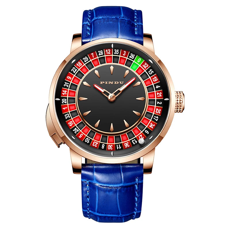 PINDU Players Gambling Series Men's Mechanical Watch European Roulette Poker Game Dial Automatic Movement Design Party Watch