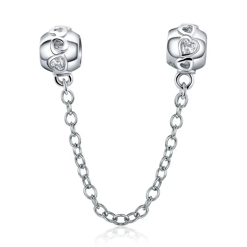WOSTU 925 Sterling Silver Amimal Safety Chain Heart Key Flower Pendant CZ Charms Stopper Fit Original Bracelet DIY Fine Jewelry