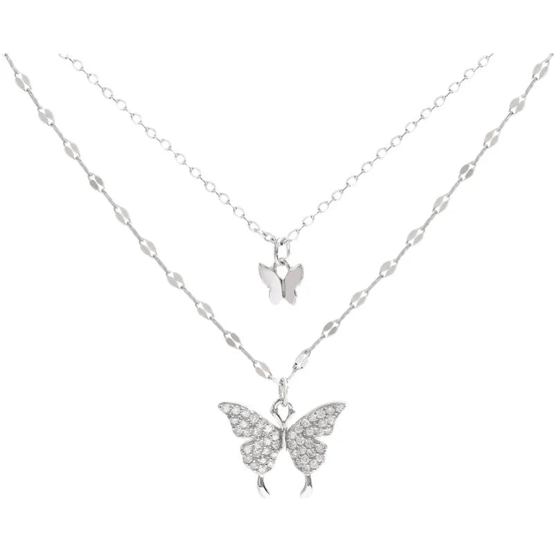 Double Layer Butterfly Collarbone Necklace – Light Luxury Stainless Steel Pendant for Women
