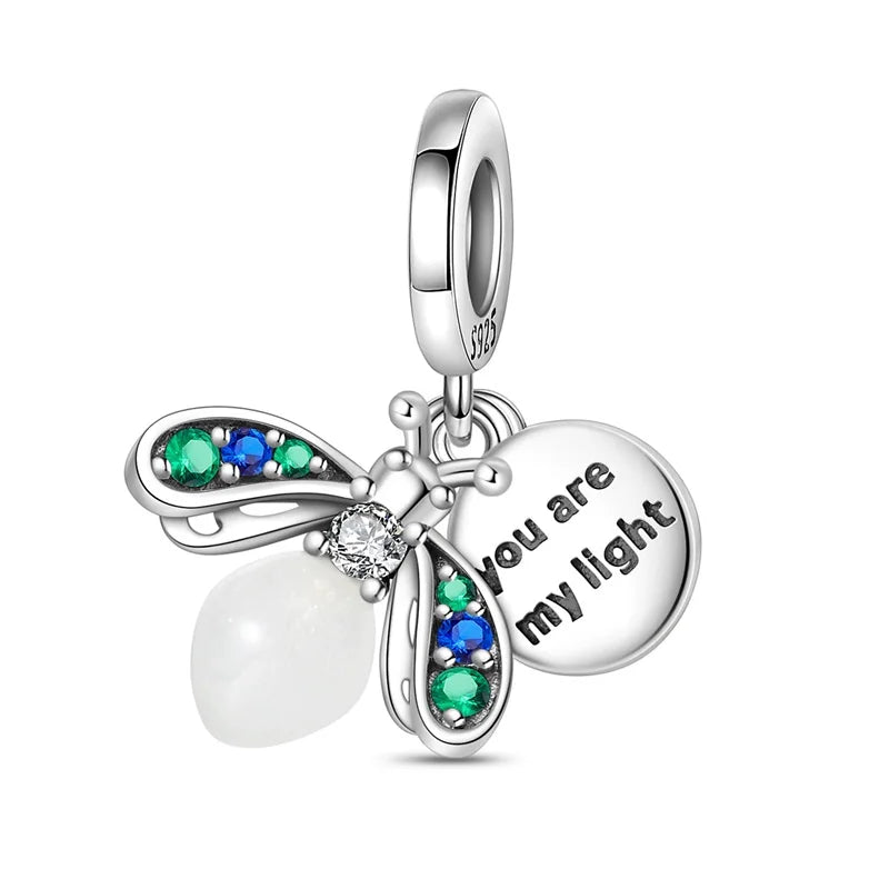 100% 925 Sterling Silver Creative Blue Luminous Firefly Charms Pendants Fit Qikaola 925 Original Bracelets DIY Birthday Jewelry