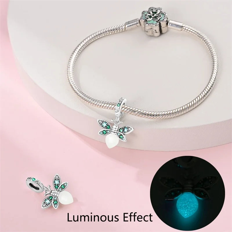 100% 925 Sterling Silver Creative Blue Luminous Firefly Charms Pendants Fit Qikaola 925 Original Bracelets DIY Birthday Jewelry