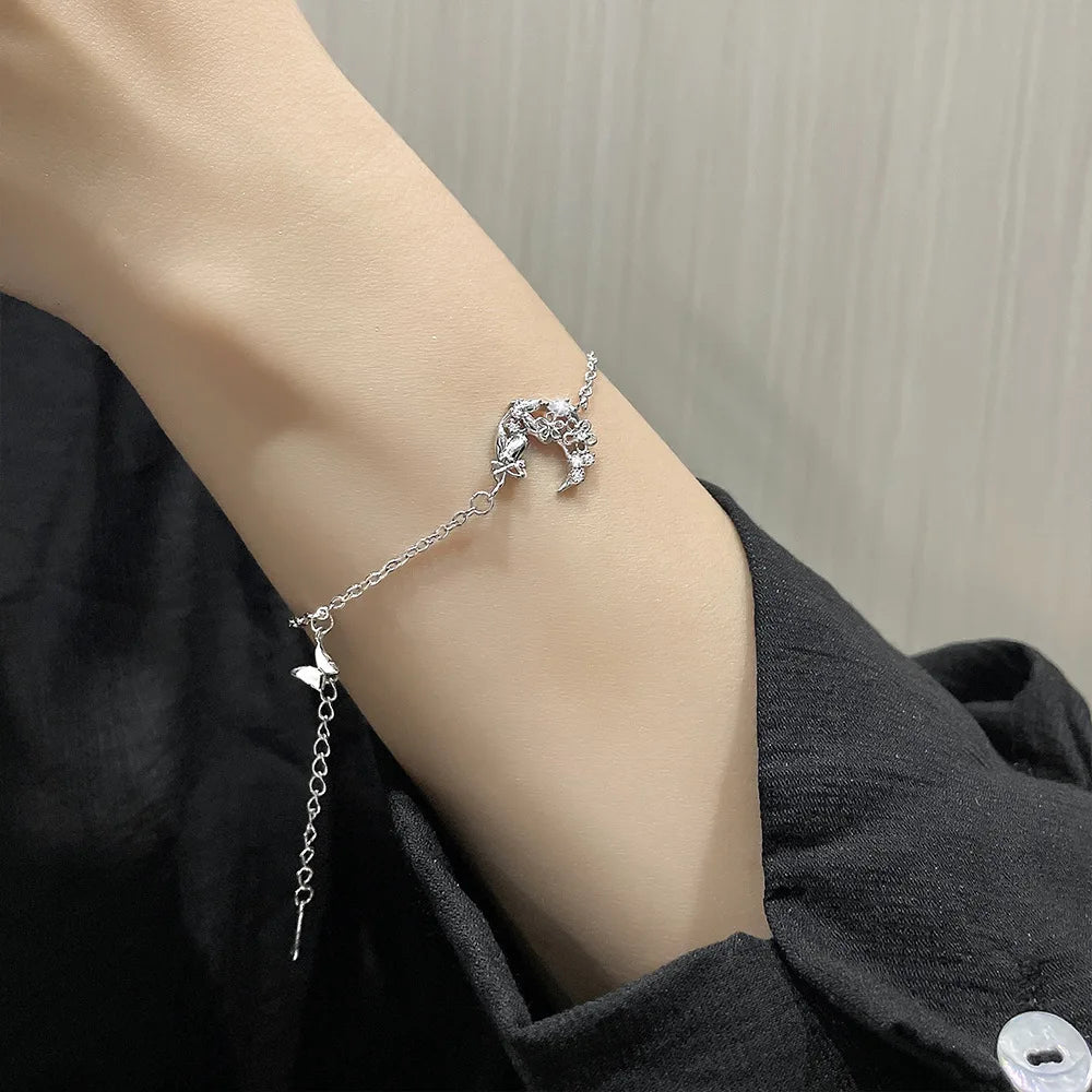 VENTFILLE 925 Silver Diamond-Studded Butterfly Bracelet Women's Fashion Temperament Flower Adjustable Bracelet