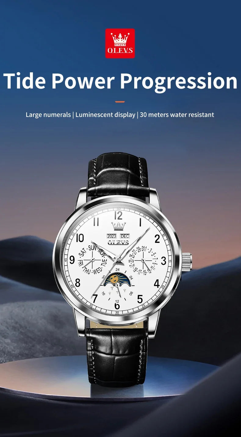 Olevs 6698 automatic watch luxury leather strap calendar waterproof luminous moon phase mechanical watch men