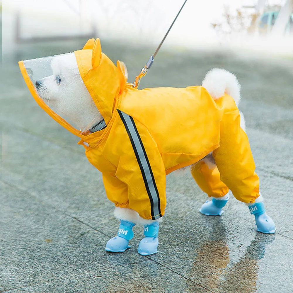 Cute Bear Shape Dog Raincoat Puppy Rain Jacket Full Body Coverage with Hat Reflective Double Layered Waterproof Dog Hooded Cloak