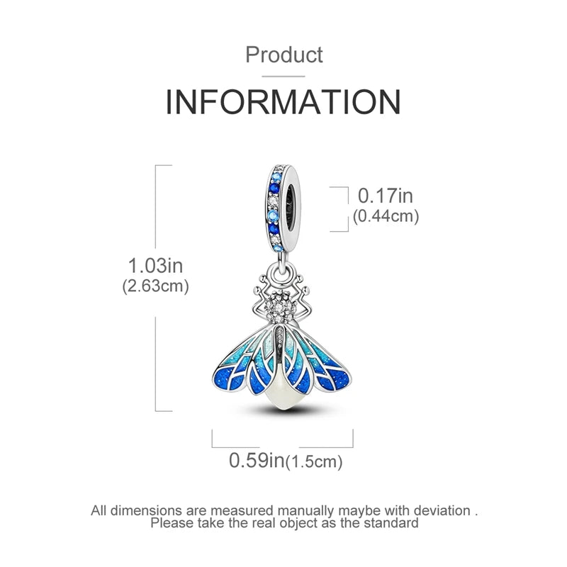 100% 925 Sterling Silver Creative Blue Luminous Firefly Charms Pendants Fit Qikaola 925 Original Bracelets DIY Birthday Jewelry