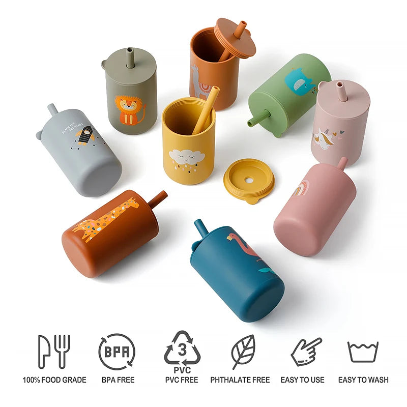 Baby Feeding Drinkware Straw Cup, Baby Learning Feeding Bottles, Anti-Hot Leakproof Silicone Tableware, Toddler Water Bottle