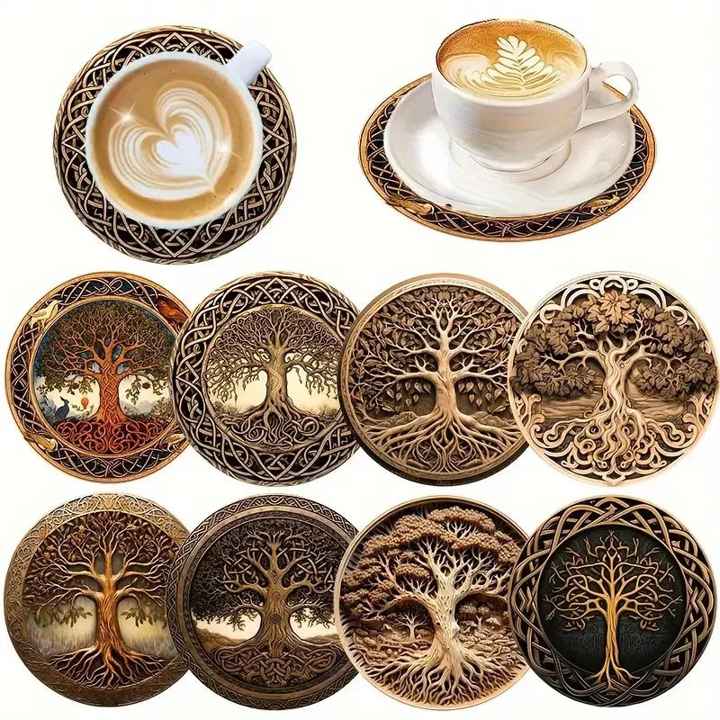 Art-Painted Wooden Coasters Set – 8pcs Colorful Heat-Resistant Non-Slip Table Placemats