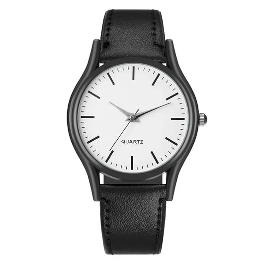 Black wristwatch with a white face on a white background