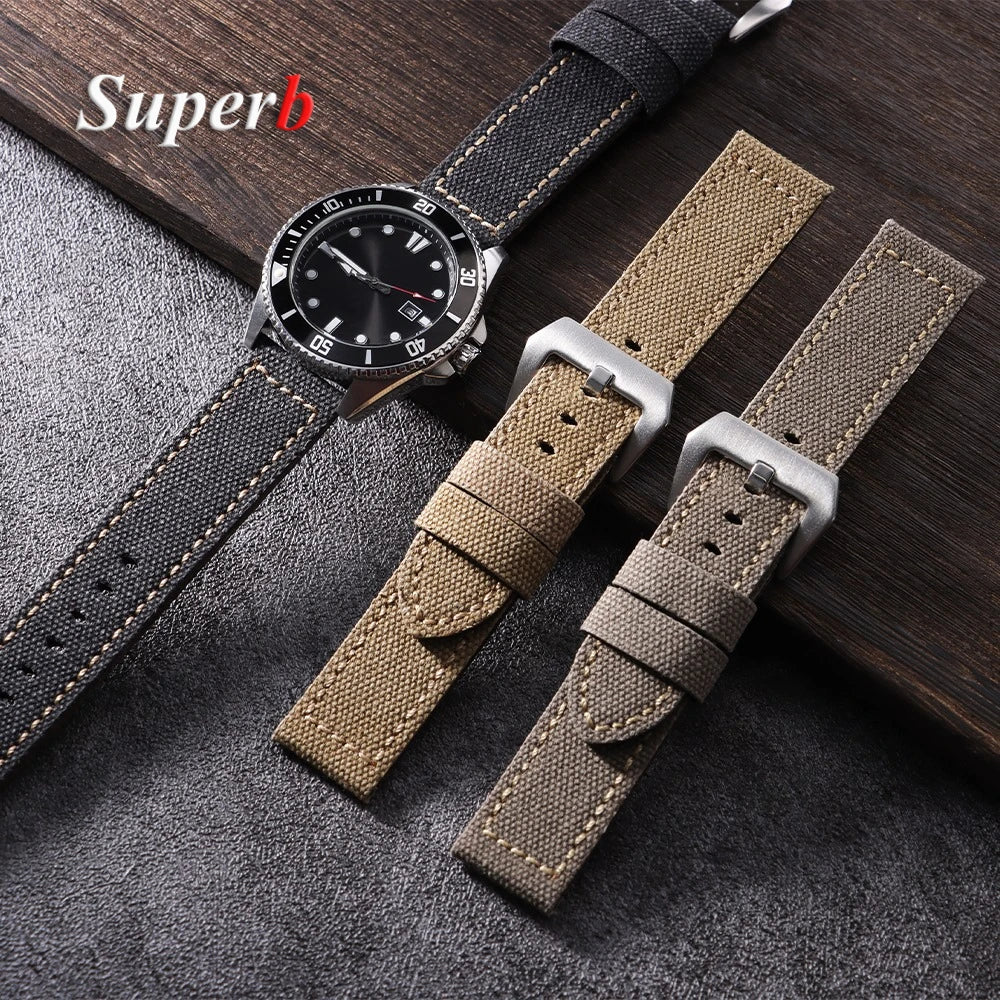 Canvas Leather Watchband for Panerai 20 22 24mm Black Brown Denim Thick Retro Strap Military Watchband Men Women Wristbelt