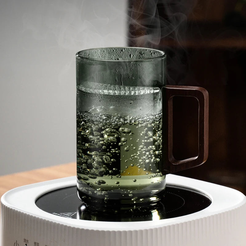 Household Portable Drinkware Transparent Glass Cup Wooden Handle Coffee Mug Kitchen Tea Making Cup Coffeeware Teaware