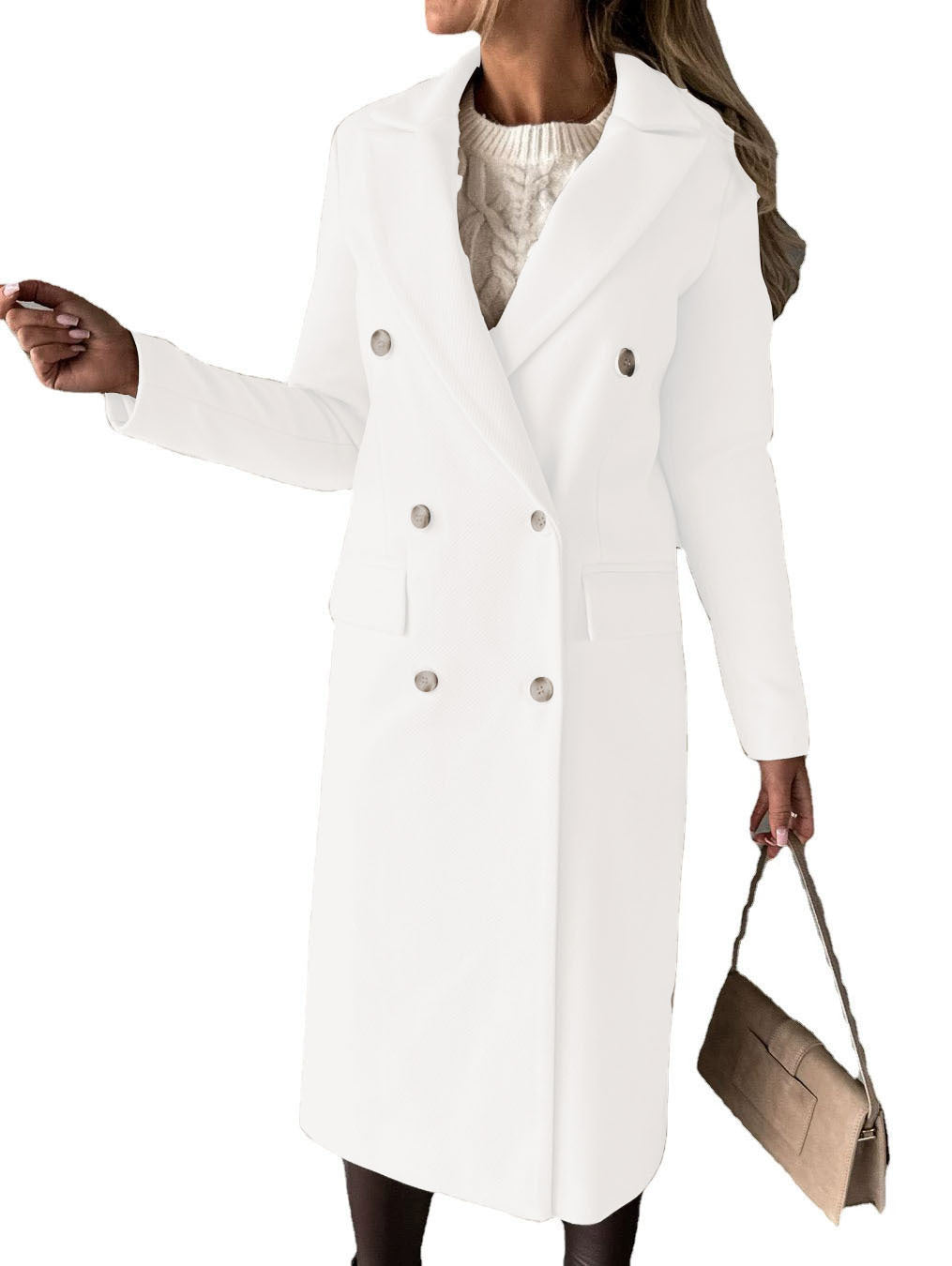 Double Breasted Lapel Coat Winter Fashion Solid Slim Long Jacket Long Sleeve Tops