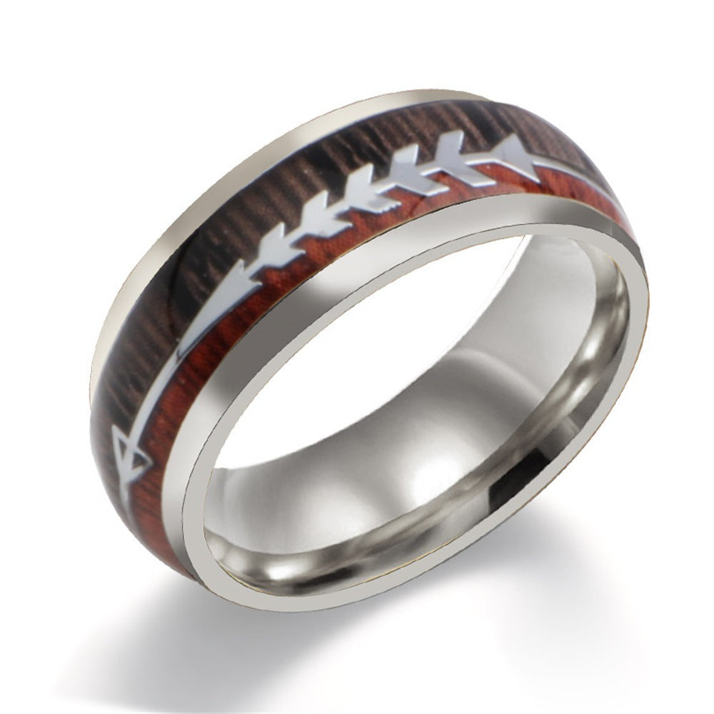Stainless Steel Wood Grain Arrow Inlaid Ring – Nature Jewelry
