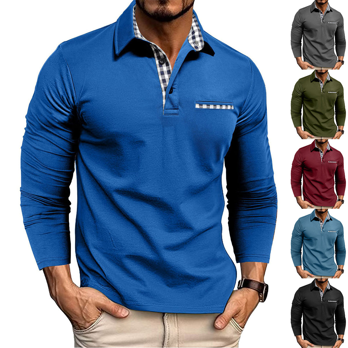 Casual Plaid Splicing Lapel Polo Shirt Fashion Solid Color Long Sleeve Top