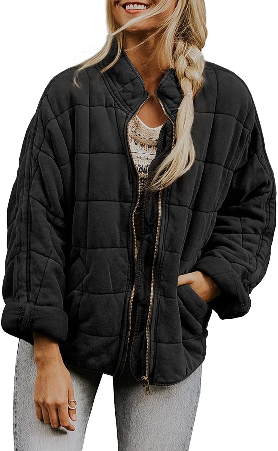 Women's Winter Zip-Up Stand Collar Coat – Plaid Pockets, Long Sleeve