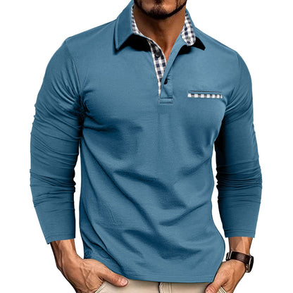 Men's Plaid Splicing Lapel Polo Shirt – Casual Long Sleeve Top