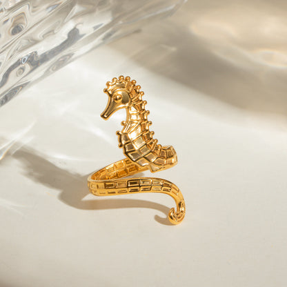 18K Gold Stainless Steel Seahorse Open Ring – Ocean Jewelry for Women