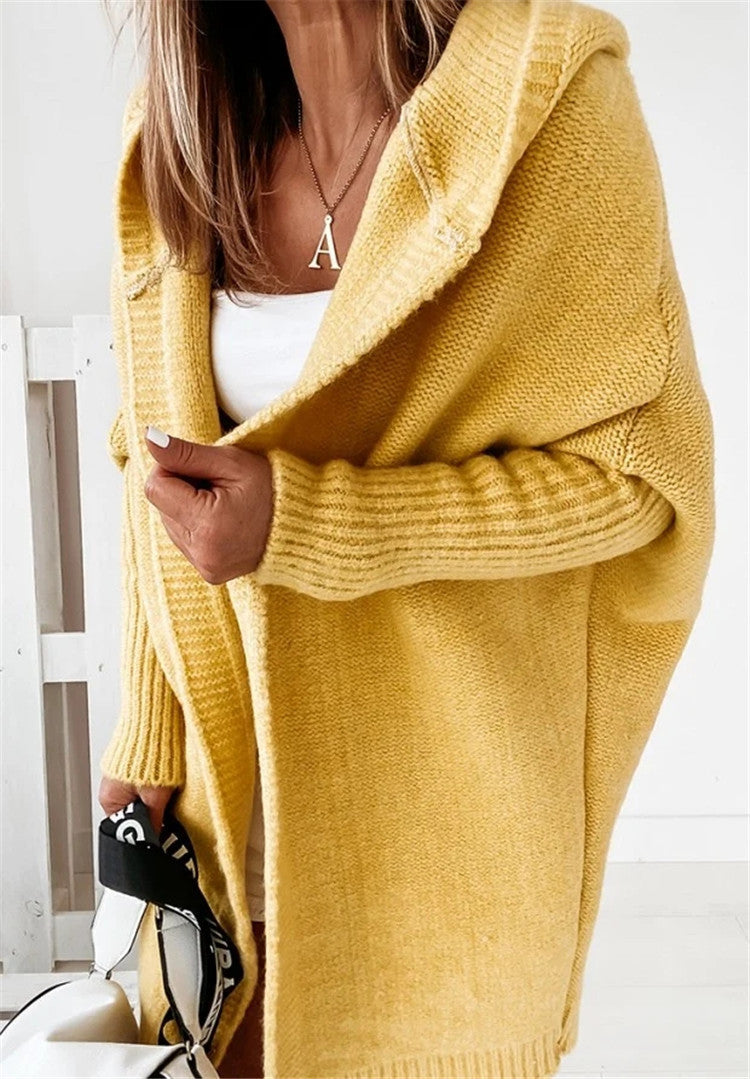 Bat Sleeve Hooded Cardigan – Oversized Knit Sweater for Women