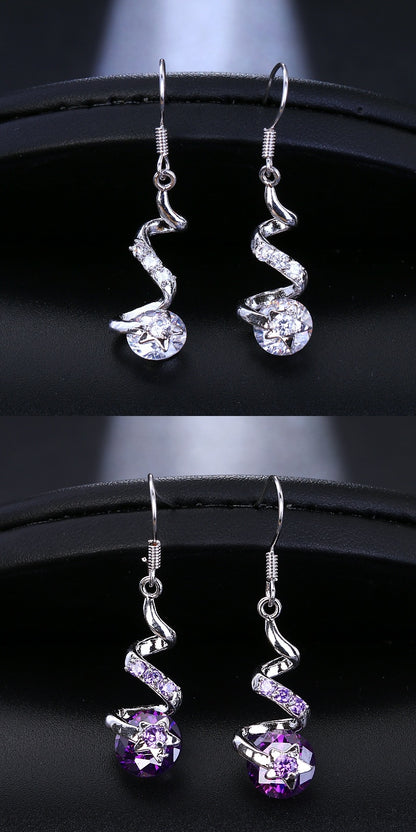 Purple Zircon Spiral Ear Hook Earrings – Geometric Copper Jewelry for Women