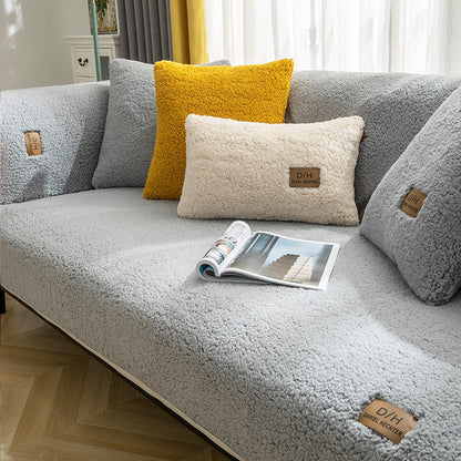 Modern Solid Color Winter Lamb Wool Sofa Cover – Thickened Plush Anti-Slip Couch Cover for Living Room