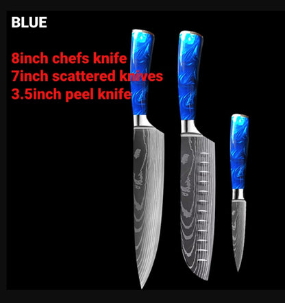 8-Inch Chef Knife Set – Blue, Green & Red Resin Handle Kitchen Knife Collection