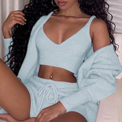 3-Piece Women's Velvet Pajama Set – Crop Top, Tank & Drawstring Pants
