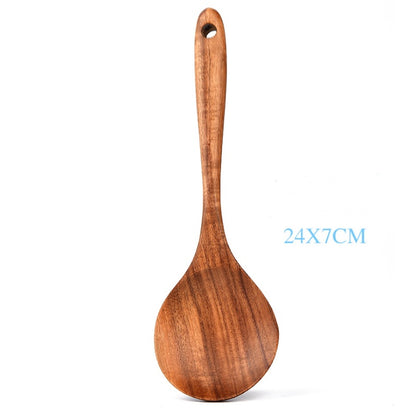 Teak Natural Wood Kitchen Utensil Set – Spoon, Ladle, Turner, Colander & Skimmer Cooking Tools