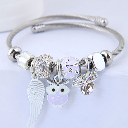 Owl Angel Wings Rhinestone Bracelet – Steel Alloy Bead Bracelet for Women