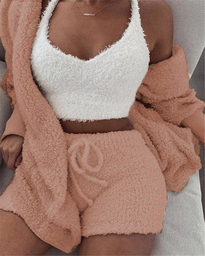 3-Piece Women's Velvet Pajama Set – Crop Top, Tank & Drawstring Pants